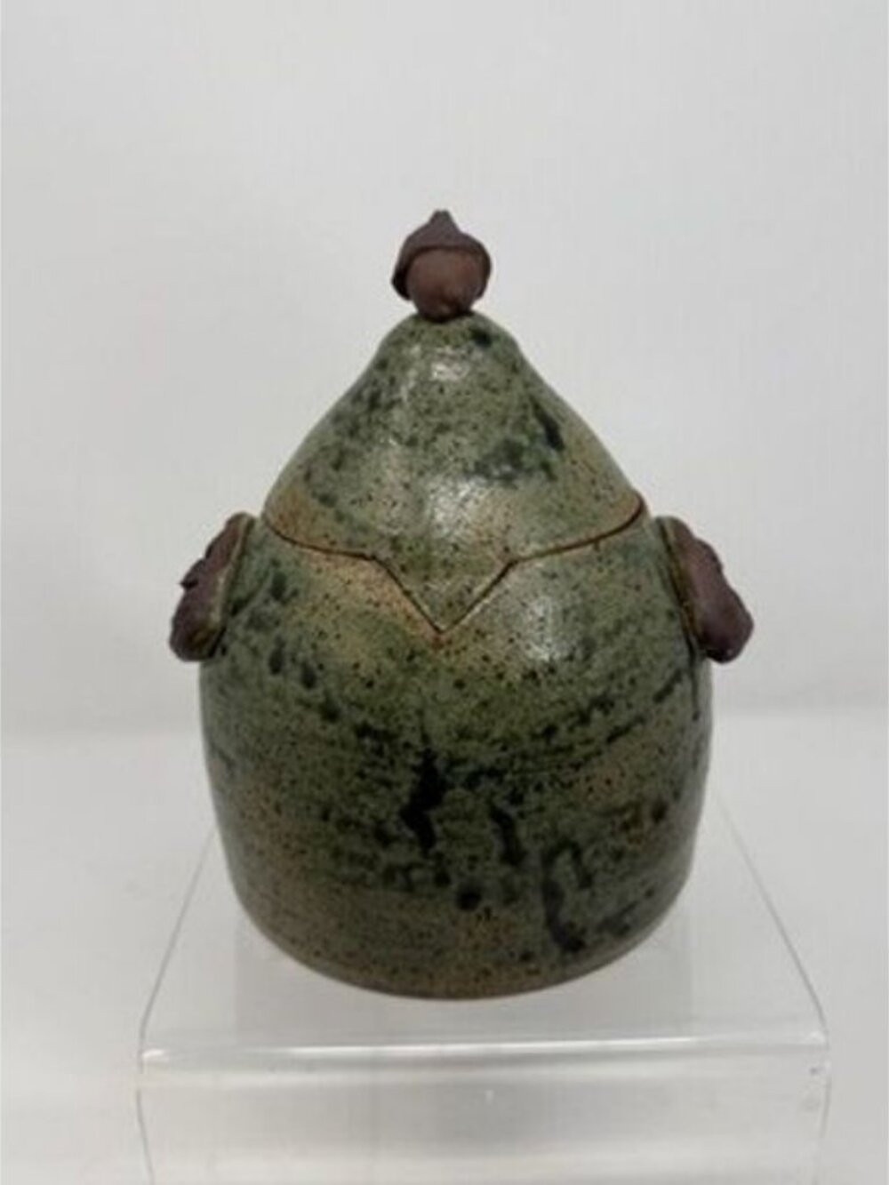 Art Pottery Acorn Head Jar With Forest Motif Green And Brown Signed